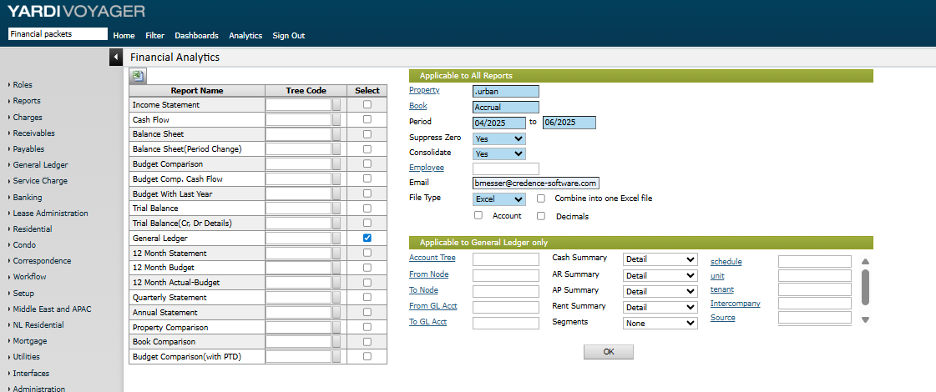 Choose the property list and periods to be sent to the specified email address.